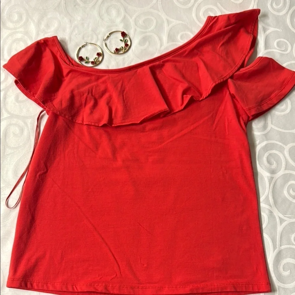 J. Crew Red Ruffled Asymmetrical Blouse